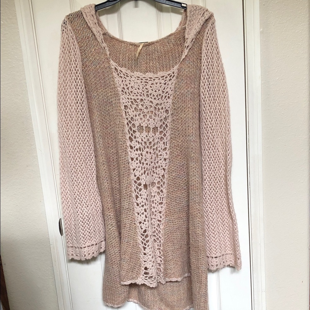 Free People Blush Pink Hooded Open Crochet-Front Hooded Sweater